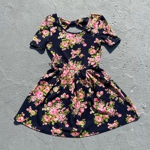 Black Floral  Dress With Pink peony, & Elasticated